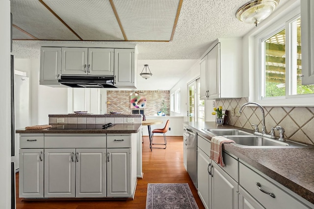 4009 Cordova Dr, Austin, TX 78759 - kitchen featuring under cabinet range hood, dark wood-style flooring, tasteful backsplash, dark countertops, and dishwasher