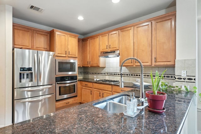 1802 Misty Ridge Dr, Leander, TX 78641 - kitchen with stainless steel appliances, under cabinet range hood, recessed lighting, dark stone counters, and tasteful backsplash