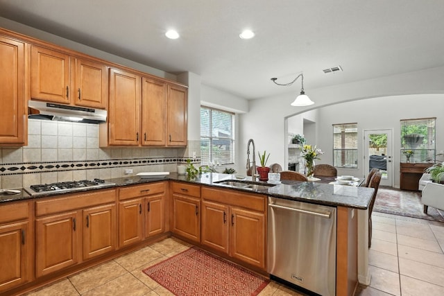 1802 Misty Ridge Dr, Leander, TX 78641 - kitchen featuring appliances with stainless steel finishes, under cabinet range hood, recessed lighting, a peninsula, and decorative backsplash