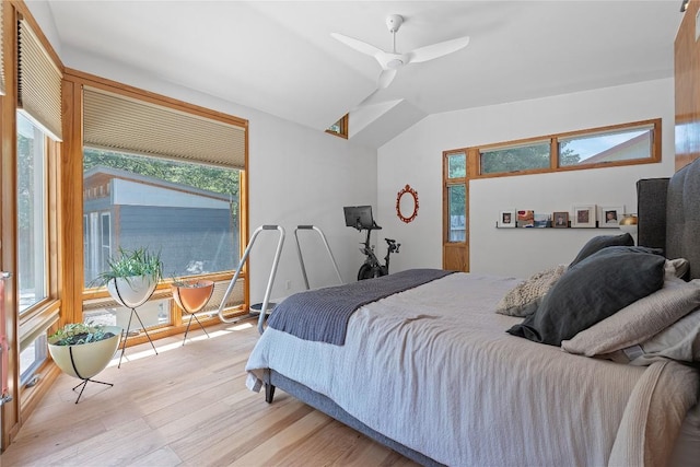 1407 Spring Gdn, Austin, TX 78746 - bedroom featuring light wood finished floors, lofted ceiling, and a ceiling fan