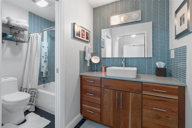 1407 Spring Gdn, Austin, TX 78746 - full bath featuring vanity, shower / bathtub combination with curtain, tile patterned flooring, and decorative backsplash