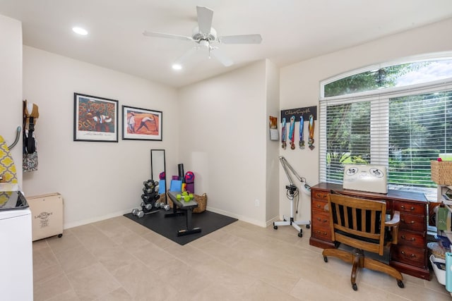 27 Stillmeadow Dr, The Hills, TX 78738 - workout area featuring ceiling fan, recessed lighting, and light tile patterned flooring