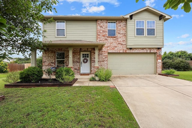 120 Hawkins Ct, Hutto, TX 78634 - view of front facade featuring an attached garage, brick siding, driveway, and a porch