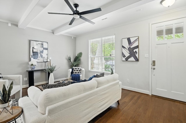 6116 Whipple Way, Austin, TX 78745 - living room with dark wood-style floors, beam ceiling, and a ceiling fan