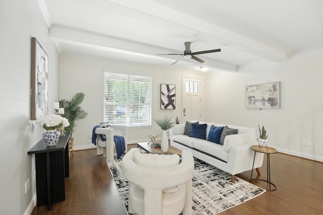 6116 Whipple Way, Austin, TX 78745 - living room with a ceiling fan, wood finished floors, and beam ceiling