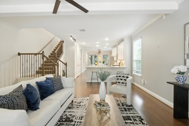 6116 Whipple Way, Austin, TX 78745 - living room featuring wood finished floors, stairway, ceiling fan, crown molding, and recessed lighting