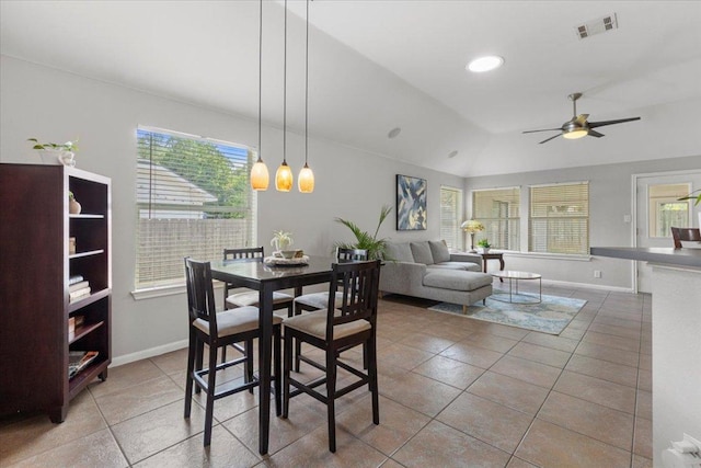 9012 Meacham Way, Austin, TX 78749 - dining space featuring tile patterned floors, lofted ceiling, and ceiling fan