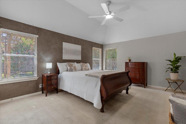 9012 Meacham Way, Austin, TX 78749 - bedroom featuring light carpet, vaulted ceiling, and ceiling fan