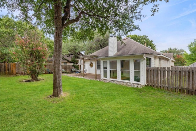 9012 Meacham Way, Austin, TX 78749 - back of house featuring a chimney, a fenced backyard, a pergola, a patio area, and a shingled roof