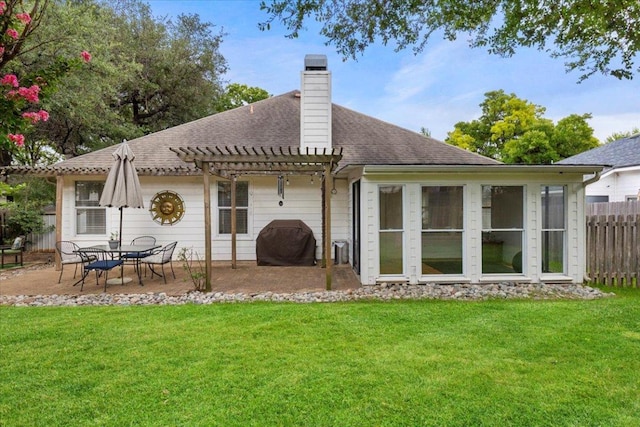 9012 Meacham Way, Austin, TX 78749 - back of property featuring a pergola, roof with shingles, a patio area, and a chimney