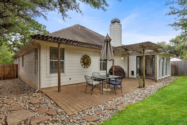 9012 Meacham Way, Austin, TX 78749 - rear view of property featuring a pergola, a chimney, a patio, and roof with shingles