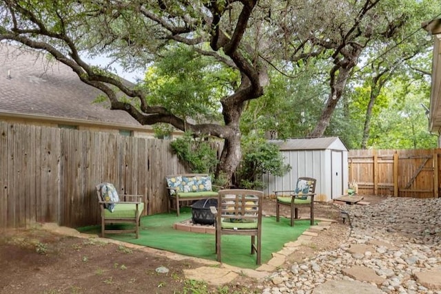 9012 Meacham Way, Austin, TX 78749 - fenced backyard with a storage shed and outdoor lounge area