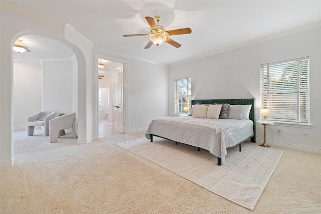 1500 El Cielo, Leander, TX 78641 - bedroom with carpet, arched walkways, multiple windows, ornamental molding, and connected bathroom