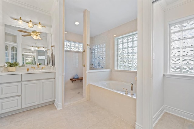 1500 El Cielo, Leander, TX 78641 - full bath with vanity, a bath, tile patterned floors, ceiling fan, and crown molding