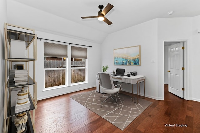 13121 Armaga Springs Rd, Austin, TX 78727 - office featuring vaulted ceiling, a ceiling fan, and wood finished floors