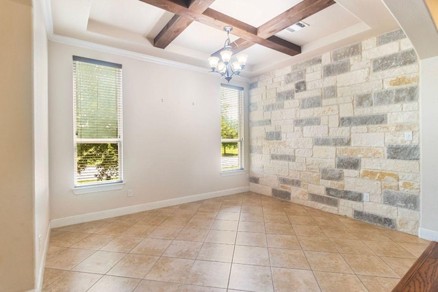 2713 Windy Vane Dr, Pflugerville, TX 78660 - spare room featuring a chandelier, coffered ceiling, beamed ceiling, light tile patterned flooring, and an accent wall