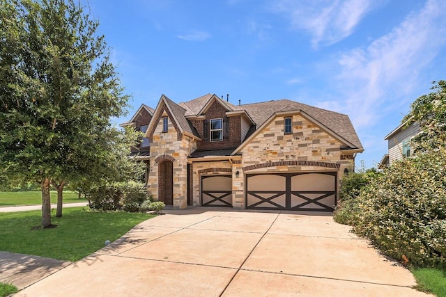 2713 Windy Vane Dr, Pflugerville, TX 78660 - french country inspired facade featuring stone siding, a front yard, driveway, and an attached garage