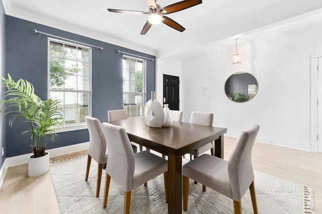 6715 Windrift Way Unit 29, Austin, TX 78745 - dining space featuring ornamental molding, a ceiling fan, and light wood-style flooring
