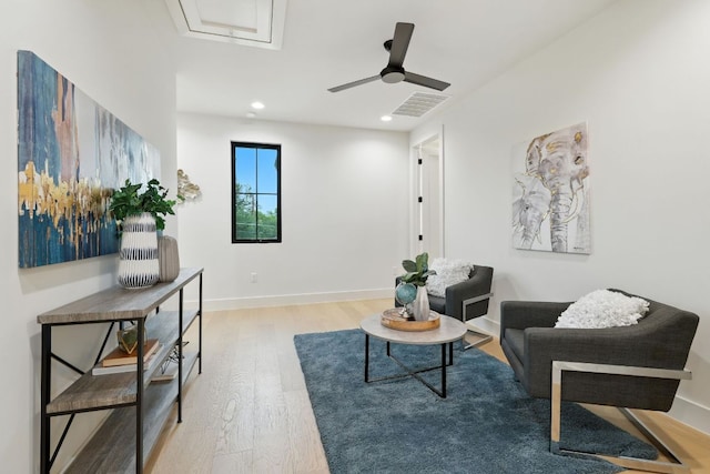 2007 Pasadena Dr, Austin, TX 78757 - living area featuring wood finished floors, a ceiling fan, recessed lighting, and attic access