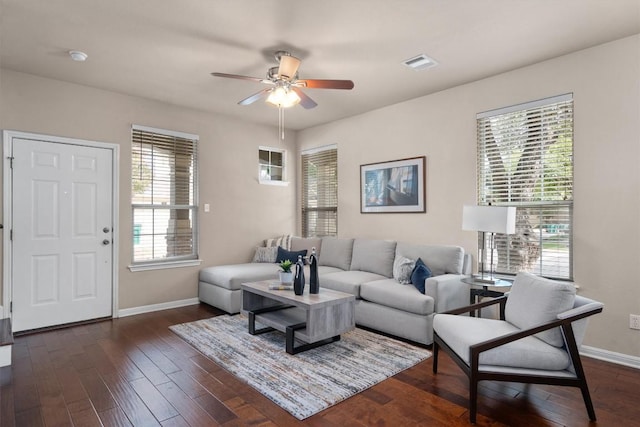 11000 Anderson Mill Rd Unit 52, Austin, TX 78750 - living area featuring a ceiling fan and dark wood-type flooring