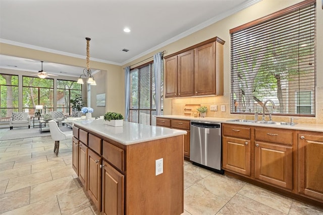 1343 River Forest Dr, Round Rock, TX 78665 - kitchen featuring dishwasher, crown molding, light countertops, brown cabinetry, and recessed lighting