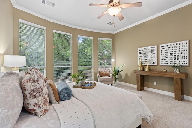1343 River Forest Dr, Round Rock, TX 78665 - bedroom featuring carpet flooring, multiple windows, crown molding, and ceiling fan