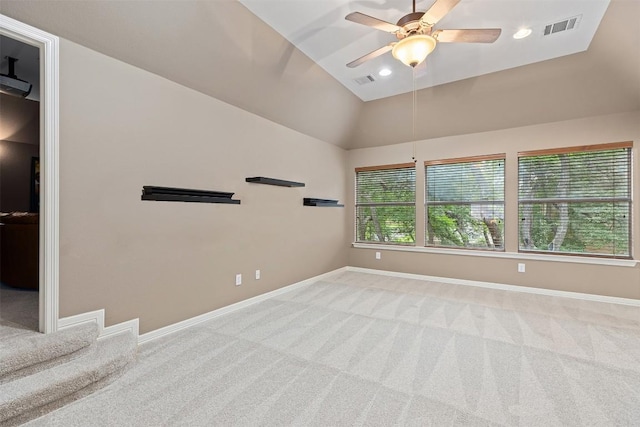 1343 River Forest Dr, Round Rock, TX 78665 - empty room featuring carpet floors, a ceiling fan, lofted ceiling, recessed lighting, and stairway