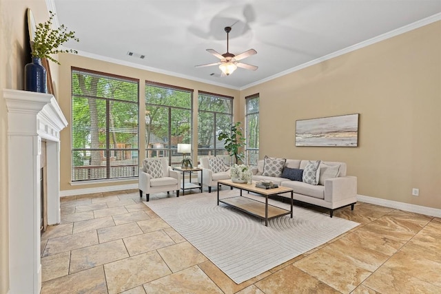 1343 River Forest Dr, Round Rock, TX 78665 - living room featuring ceiling fan and crown molding