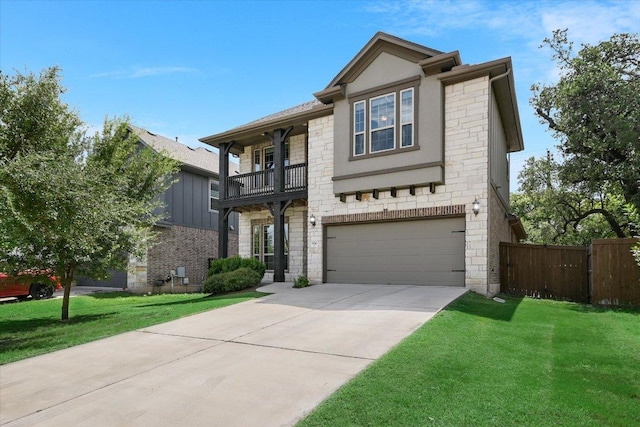9516 Hunter Ln, Austin, TX 78748 - view of front of house with driveway, stone siding, a balcony, and a garage