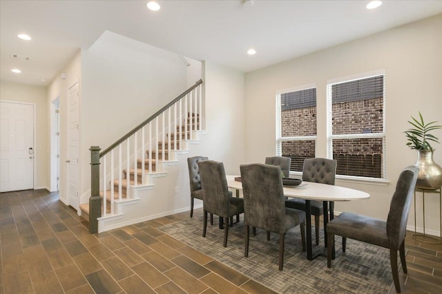 9516 Hunter Ln, Austin, TX 78748 - dining room featuring stairway, recessed lighting, and dark wood finished floors