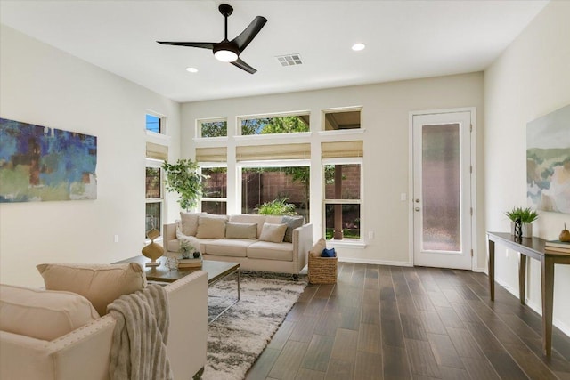 9516 Hunter Ln, Austin, TX 78748 - living area with ceiling fan, dark wood-style flooring, and recessed lighting