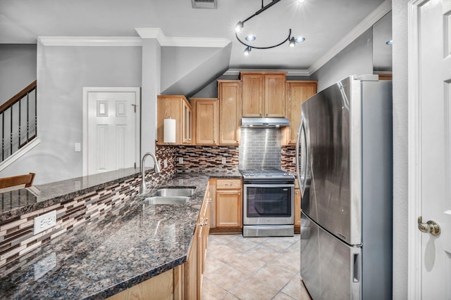 8518 Cahill Dr Unit 23, Austin, TX 78729 - kitchen featuring appliances with stainless steel finishes, under cabinet range hood, crown molding, tasteful backsplash, and light tile patterned floors
