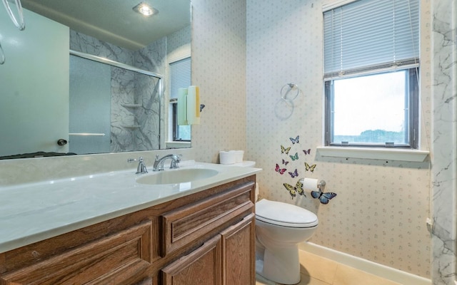 5605 China Berry Rd, Austin, TX 78744 - bathroom featuring vanity, an enclosed shower, and tile patterned floors