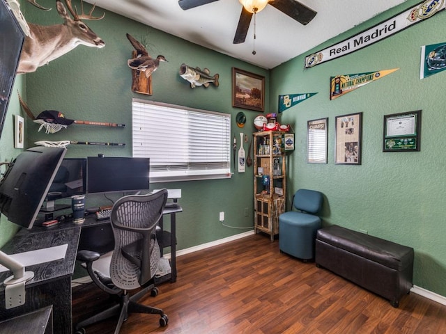 13320 Gilwell Dr, Del Valle, TX 78617 - office area featuring a ceiling fan, wood finished floors, and a textured wall