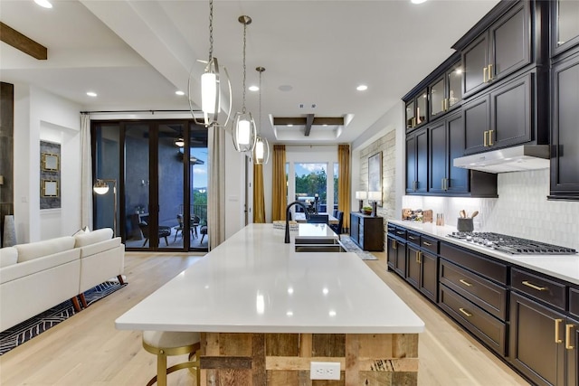 19617 Serenity Ln, Lago Vista, TX 78645 - kitchen featuring stainless steel gas cooktop, tasteful backsplash, under cabinet range hood, light wood-type flooring, and light countertops