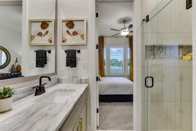 19617 Serenity Ln, Lago Vista, TX 78645 - ensuite bathroom featuring vanity, a shower stall, and ceiling fan