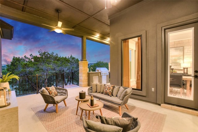 19617 Serenity Ln, Lago Vista, TX 78645 - view of patio / terrace featuring a ceiling fan, a grill, and an outdoor living space