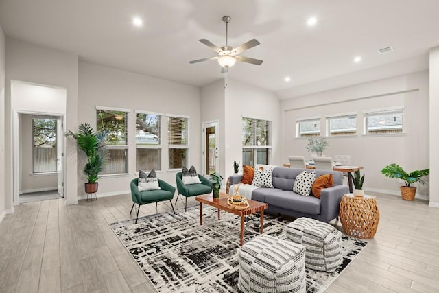1921 Sauterne Dr, Leander, TX 78641 - living room with light wood-style floors, ceiling fan, and recessed lighting