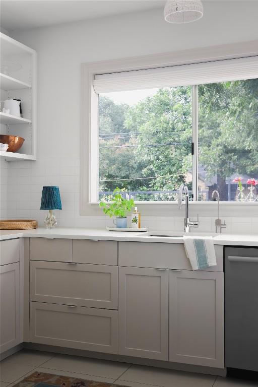1018 Shelley Ave, Austin, TX 78703 - kitchen featuring stainless steel dishwasher, gray cabinets, and light countertops