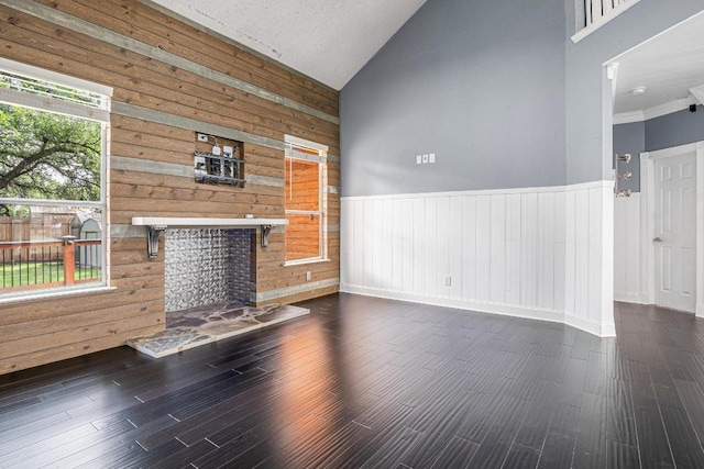 607 County Cork Ln, Leander, TX 78641 - unfurnished living room with vaulted ceiling, wood walls, wood finished floors, wainscoting, and a tile fireplace