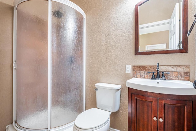 607 County Cork Ln, Leander, TX 78641 - full bath featuring a textured wall, a stall shower, vanity, and decorative backsplash