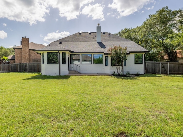 6000 Roxbury Ln, Austin, TX 78739 - back of house with entry steps, a fenced backyard, a chimney, and roof with shingles