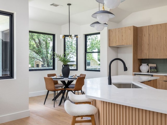 6000 Roxbury Ln, Austin, TX 78739 - kitchen featuring modern cabinets, light countertops, plenty of natural light, light wood-style flooring, and lofted ceiling