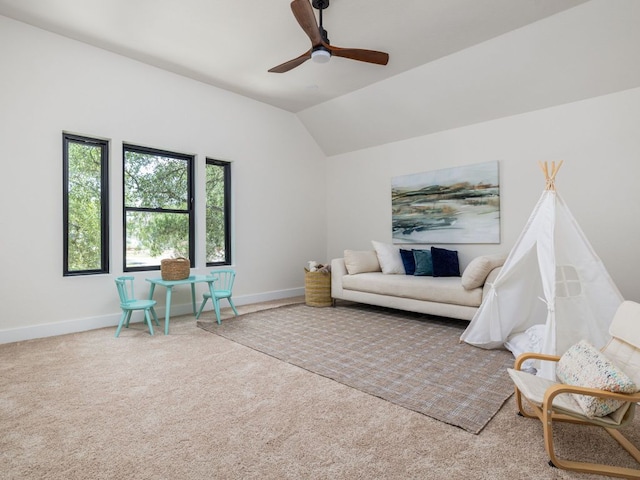 6000 Roxbury Ln, Austin, TX 78739 - living area featuring carpet, ceiling fan, and vaulted ceiling