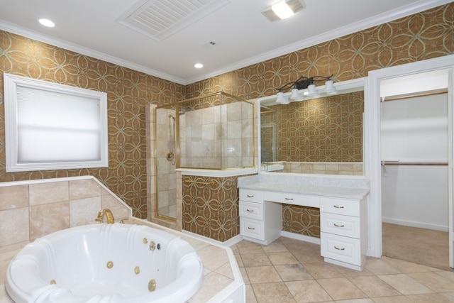 1404 Pearl Cv, Round Rock, TX 78681 - bathroom with ornamental molding, a jetted tub, tiled shower, tile patterned flooring, and vanity
