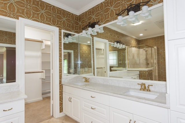 1404 Pearl Cv, Round Rock, TX 78681 - bathroom featuring ornamental molding, wallpapered walls, double vanity, a stall shower, and tile patterned flooring