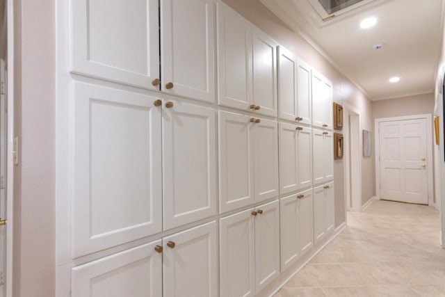 1404 Pearl Cv, Round Rock, TX 78681 - hall with crown molding, light tile patterned flooring, and recessed lighting