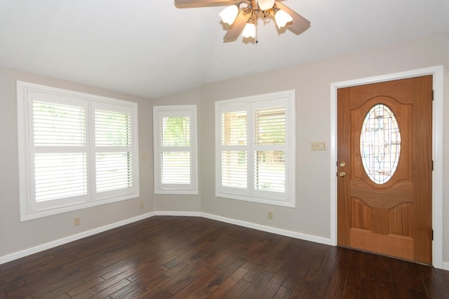 1404 Pearl Cv, Round Rock, TX 78681 - entryway with a ceiling fan, healthy amount of natural light, dark wood-style flooring, and lofted ceiling