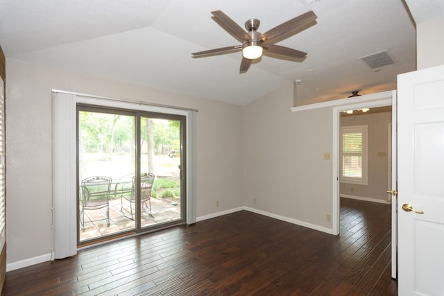 1404 Pearl Cv, Round Rock, TX 78681 - empty room with vaulted ceiling, healthy amount of natural light, dark wood-type flooring, and ceiling fan