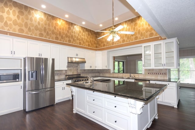 1404 Pearl Cv, Round Rock, TX 78681 - kitchen featuring stainless steel appliances, under cabinet range hood, white cabinetry, a center island with sink, and recessed lighting